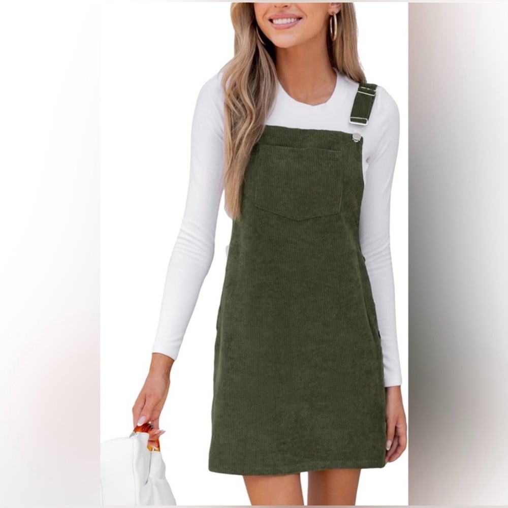 Olive Green Corduroy Pinafore Dress - Women